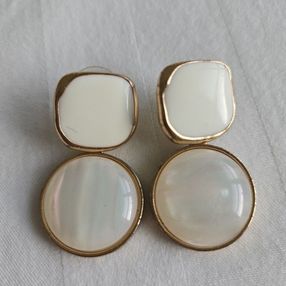 French Style Classy White Enamel Geometric Shell Drop Circle Gold Earrings